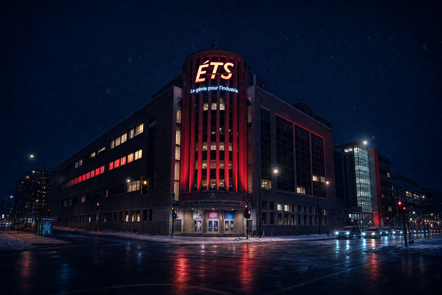 The École de technologie supérieure building glowing red on a snowy Montréal night