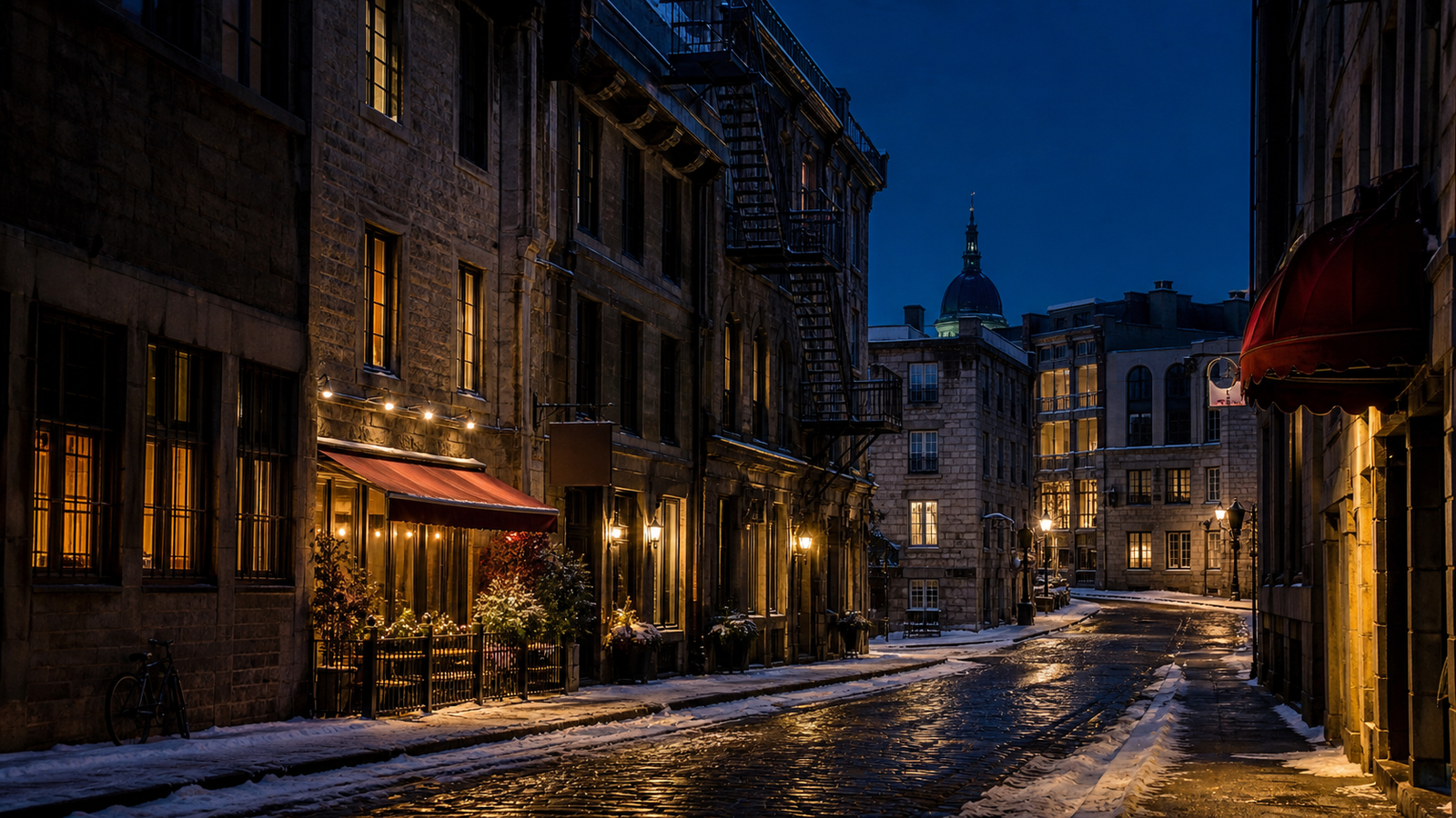 Warm windows and snowy cobblestones in Old Montréal at night