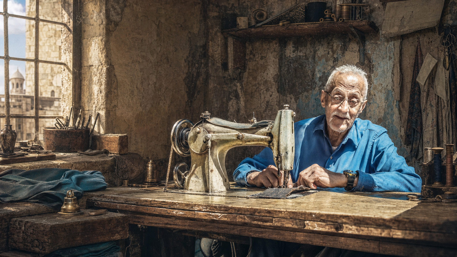 Elderly tailor in a blue shirt seated at a vintage sewing machine inside an Old Sidon workshop