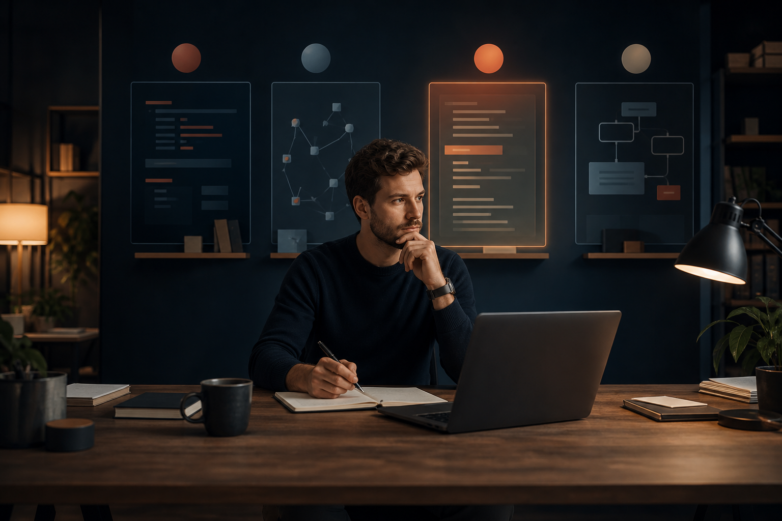 A developer calmly considers four abstract coding workflows displayed behind his desk