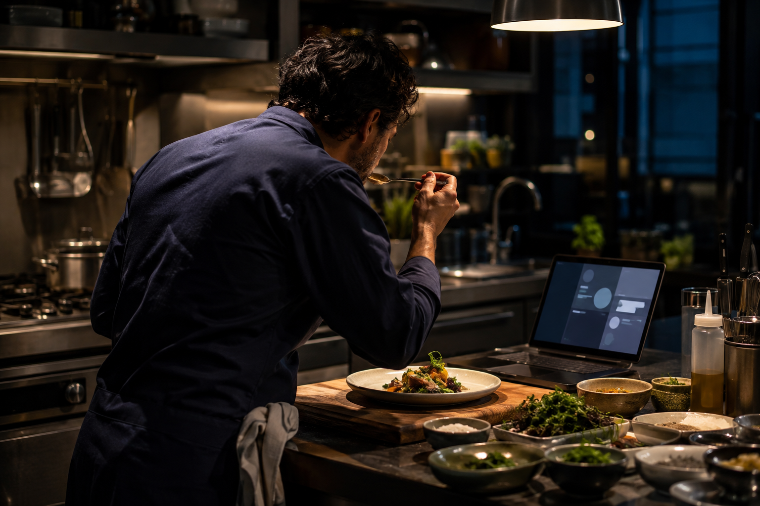 A chef tastes a finished dish beside an AI assistant screen in a warmly lit professional kitchen