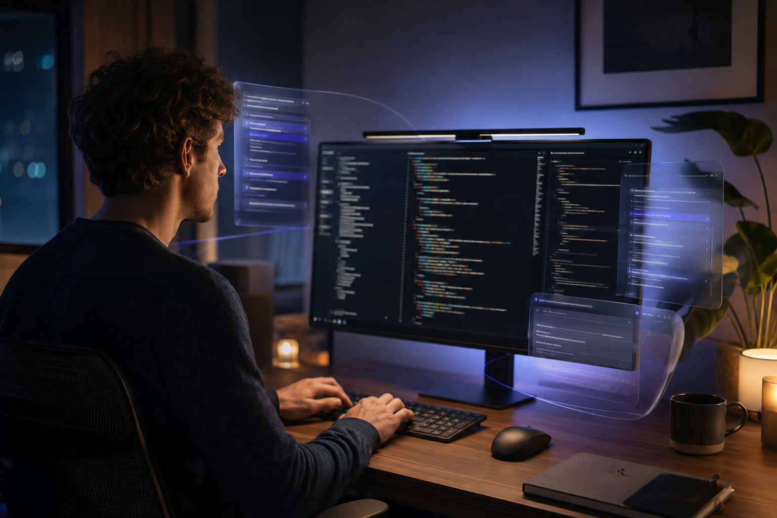 A developer works inside an immersive editor surrounded by flowing contextual panels