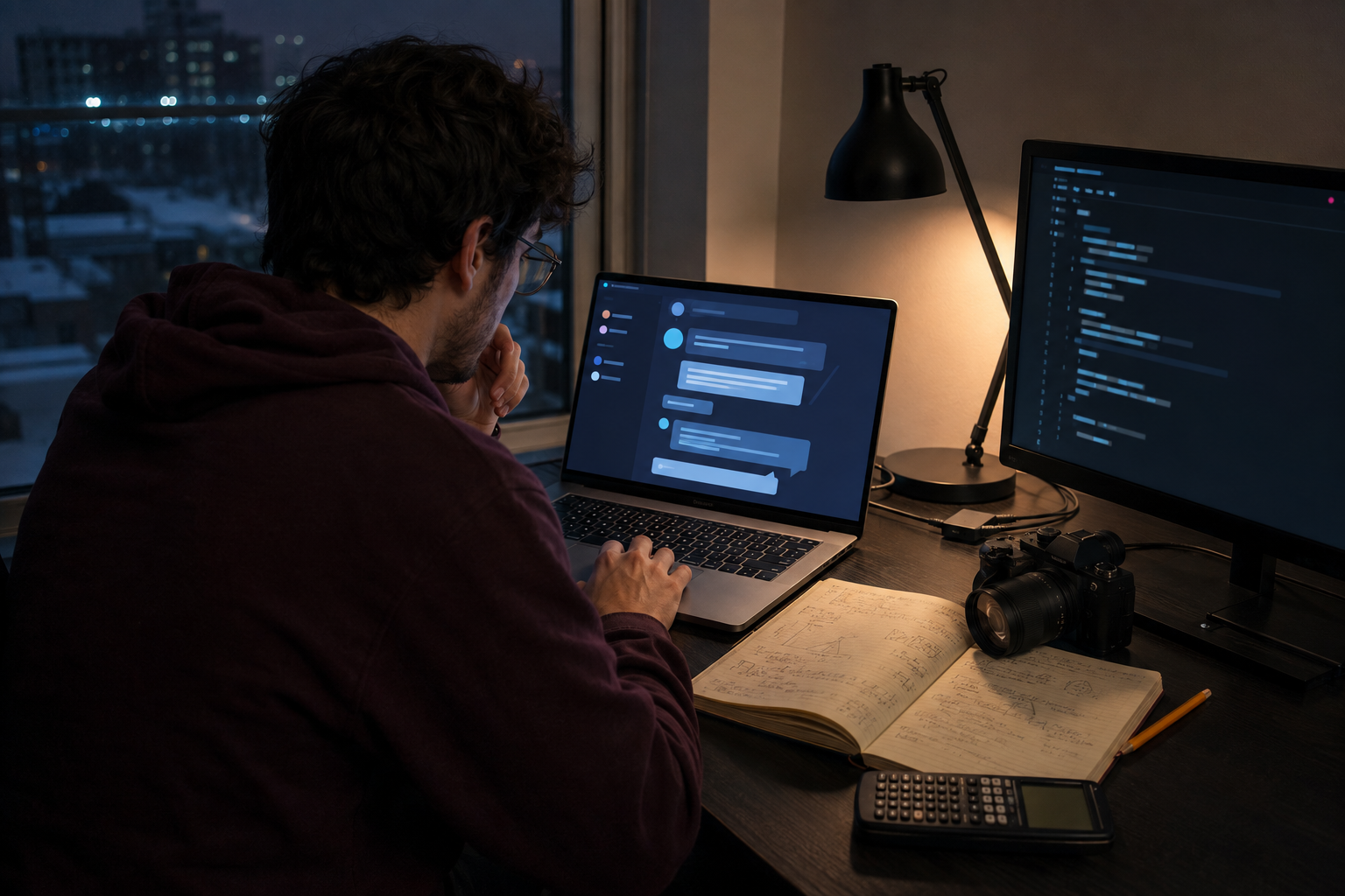 A software professional in a plum hoodie uses an AI assistant at a night workspace beside code, handwritten notes, a camera, and a calculator