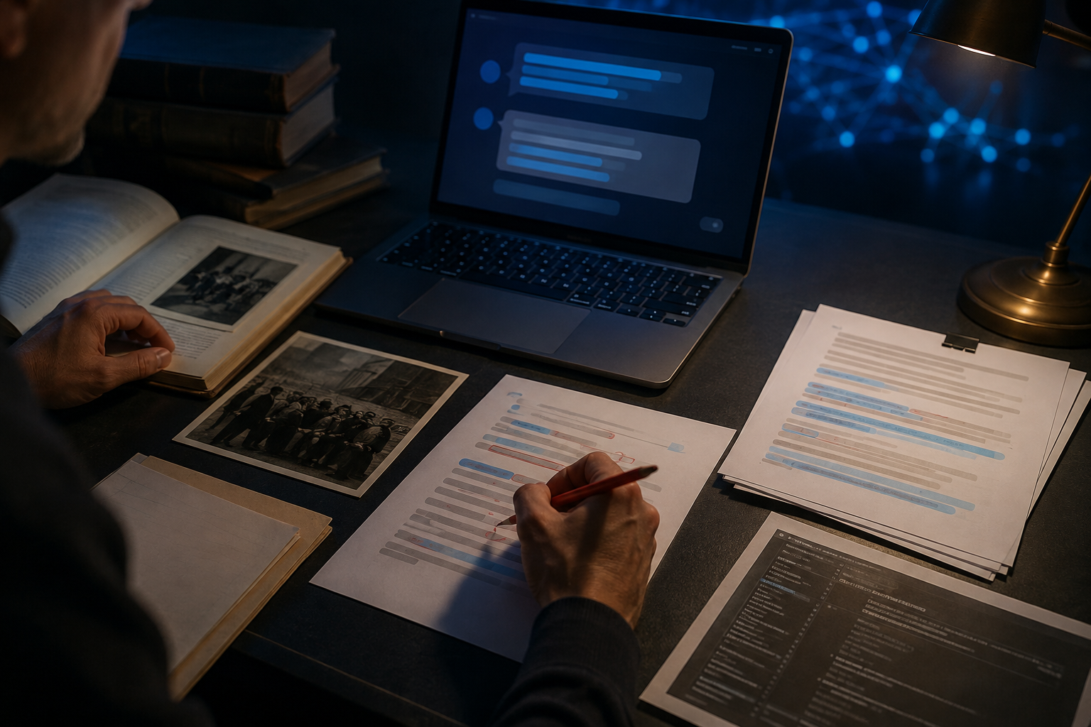 A person reviews an AI-generated response with a red pencil beside books, archival photographs, and a printed code review
