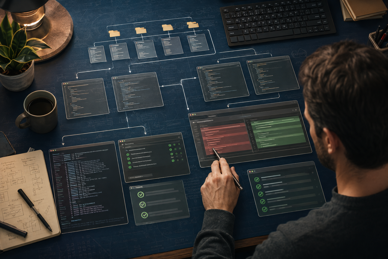 A developer reviews connected repository files, terminal activity, tests, and a final code diff